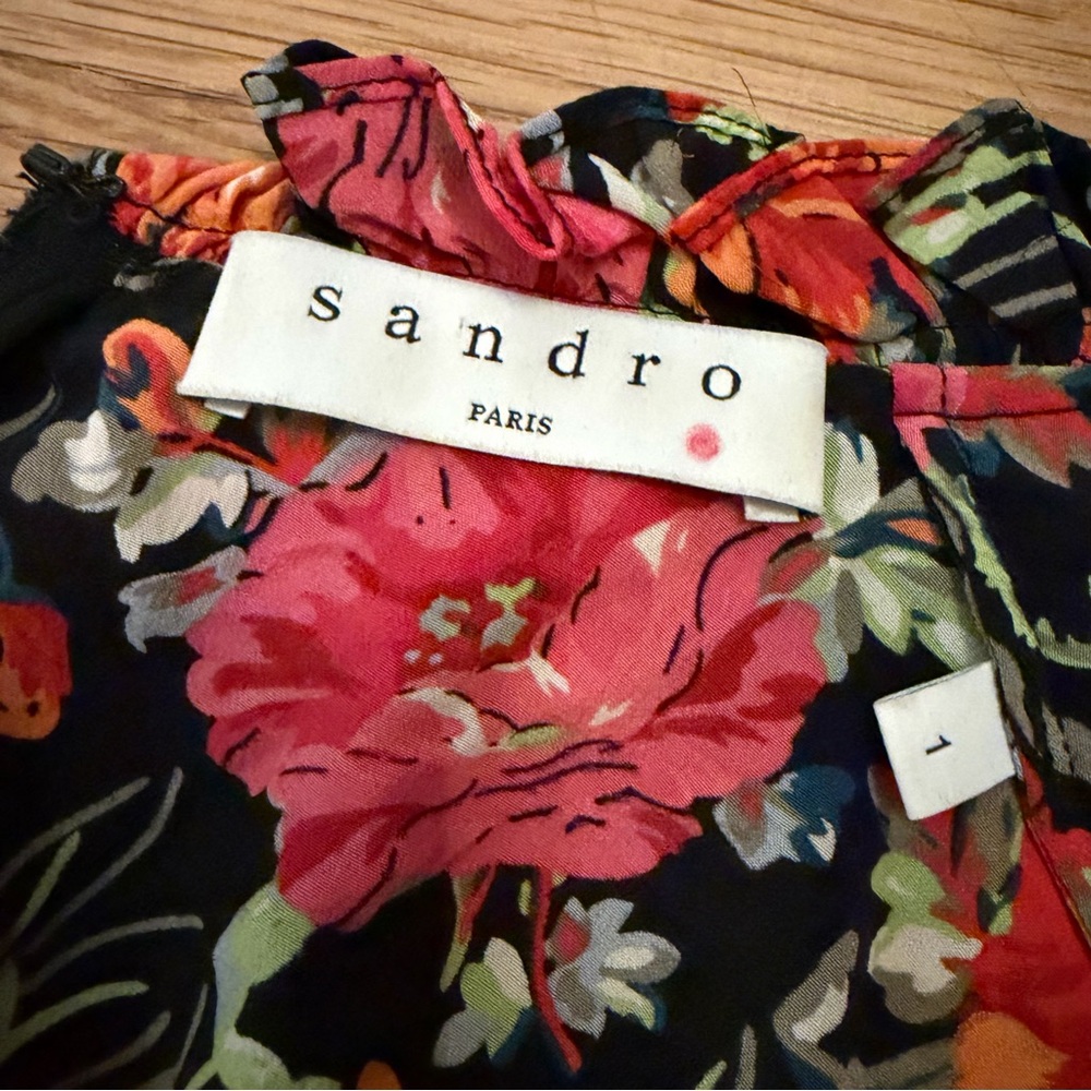 Valentine’s Day! Sandro Paris Doreen Mini Dress 100% Silk Dark Floral Size Small - Picture 7 of 9
